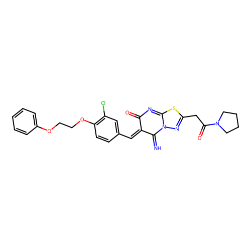 (6Z)-6-[[3-chloro-4-(2-phenoxyethoxy)phenyl]methylidene]-5-imino-2-(2-oxo-2-pyrrolidin-1-ylethyl)-[1,3,4]thiadiazolo[3,2-a]pyrimidin-7-one structure
