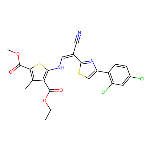 (Z)-4-ethyl 2-methyl 5-((2-cyano-2-(4-(2,4-dichlorophenyl)thiazol-2-yl)vinyl)amino)-3-methylthiophene-2,4-dicarboxylate structure