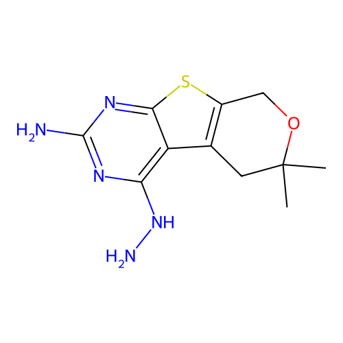 4-hydrazinyl-6,6-dimethyl-5,8-dihydro-6H-pyrano[4',3':4,5]thieno[2,3-d]pyrimidin-2-amine structure