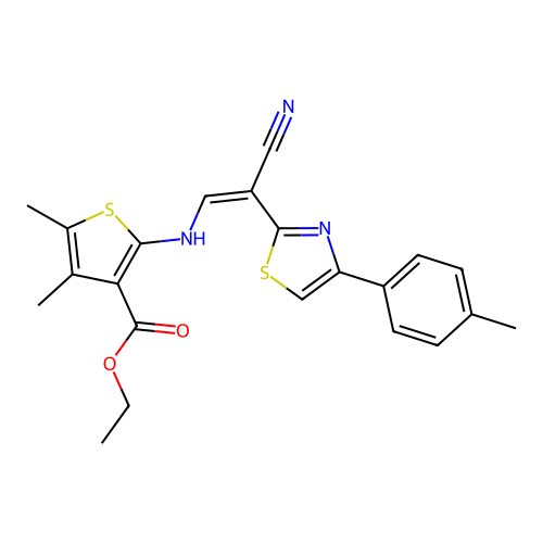 (Z)-ethyl 2-((2-cyano-2-(4-(p-tolyl)thiazol-2-yl)vinyl)amino)-4,5-dimethylthiophene-3-carboxylate structure