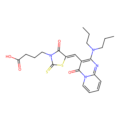 4-[(5Z)-5-{[2-(dipropylamino)-4-oxo-4H-pyrido[1,2-a]pyrimidin-3-yl]methylidene}-4-oxo-2-thioxo-1,3-thiazolidin-3-yl]butanoic acid structure