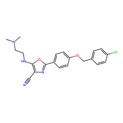 2-[4-[(4-chlorophenyl)methoxy]phenyl]-5-(2-dimethylaminoethylamino)-1,3-oxazole-4-carbonitrile structure