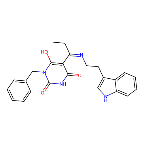 1-benzyl-5-[1-[2-(1H-indol-3-yl)ethylamino]propylidene]-1,3-diazinane-2,4,6-trione structure