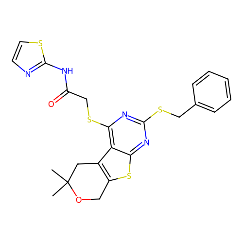 2-((2-(benzylthio)-6,6-dimethyl-6,8-dihydro-5H-pyrano[4',3':4,5]thieno[2,3-d]pyrimidin-4-yl)thio)-N-(thiazol-2-yl)acetamide structure