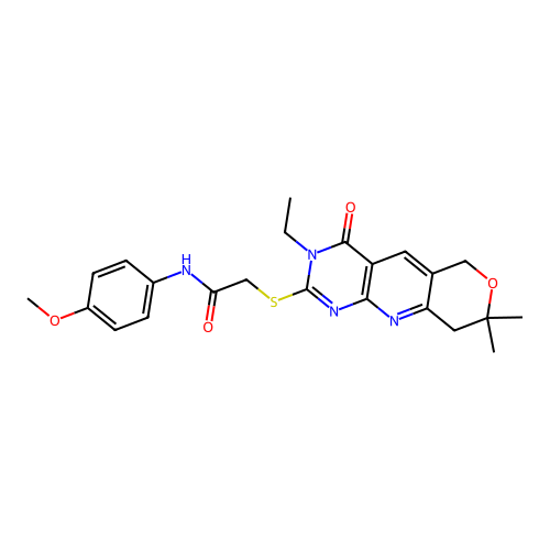 2-[(3-ethyl-8,8-dimethyl-4-oxo-3,6,8,9-tetrahydro-4H-pyrano[3',4':5,6]pyrido[2,3-d]pyrimidin-2-yl)sulfanyl]-N-(4-methoxyphenyl)acetamide structure