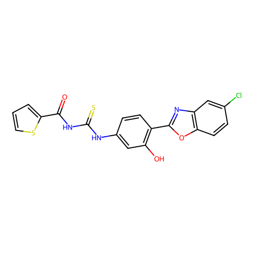 N-((4-(5-chlorobenzo[d]oxazol-2-yl)-3-hydroxyphenyl)carbamothioyl)thiophene-2-carboxamide structure