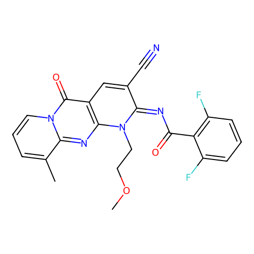 (E)-N-(3-cyano-1-(2-methoxyethyl)-10-methyl-5-oxo-1H-dipyrido[1,2-a:2',3'-d]pyrimidin-2(5H)-ylidene)-2,6-difluorobenzamide structure