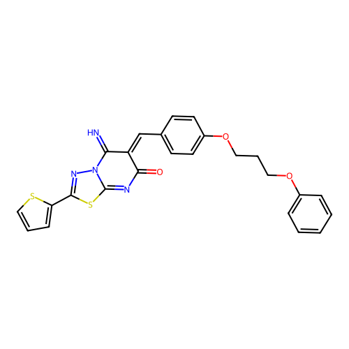 (6Z)-5-imino-6-[[4-(3-phenoxypropoxy)phenyl]methylidene]-2-thiophen-2-yl-[1,3,4]thiadiazolo[3,2-a]pyrimidin-7-one structure