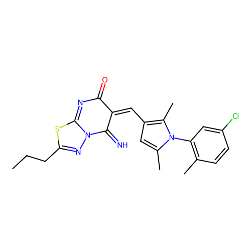 (6E)-6-[[1-(5-chloro-2-methylphenyl)-2,5-dimethylpyrrol-3-yl]methylidene]-5-imino-2-propyl-[1,3,4]thiadiazolo[3,2-a]pyrimidin-7-one structure
