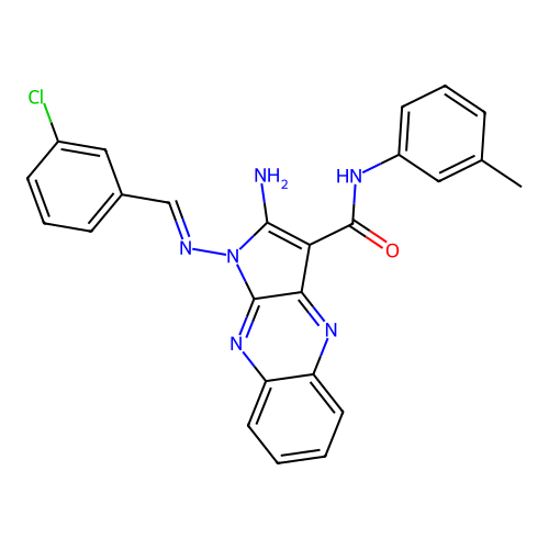 (E)-2-amino-1-((3-chlorobenzylidene)amino)-N-(m-tolyl)-1H-pyrrolo[2,3-b]quinoxaline-3-carboxamide structure