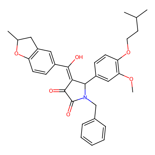 (4E)-1-benzyl-4-[hydroxy(2-methyl-2,3-dihydro-1-benzofuran-5-yl)methylidene]-5-[3-methoxy-4-(3-methylbutoxy)phenyl]pyrrolidine-2,3-dione structure