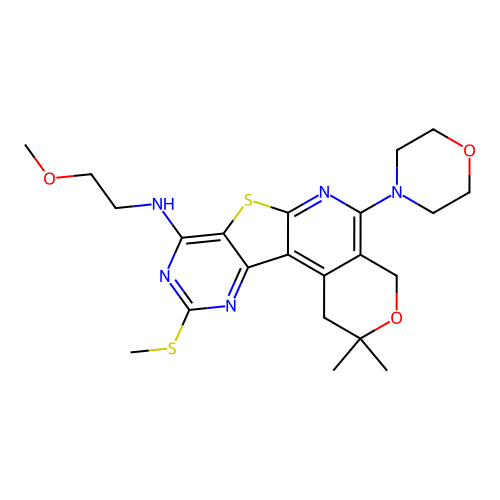 N-(2-methoxyethyl)-2,2-dimethyl-10-(methylsulfanyl)-5-(morpholin-4-yl)-1,4-dihydro-2H-pyrano[4'',3'':4',5']pyrido[3',2':4,5]thieno[3,2-d]pyrimidin-8-amine structure