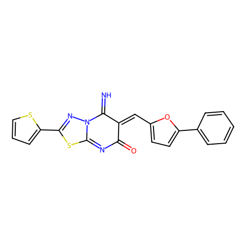 (6Z)-5-imino-6-[(5-phenylfuran-2-yl)methylidene]-2-(thiophen-2-yl)-5,6-dihydro-7H-[1,3,4]thiadiazolo[3,2-a]pyrimidin-7-one structure