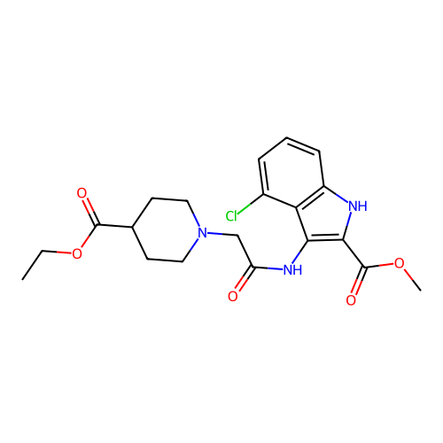 methyl 4-chloro-3-(2-(4-(ethoxycarbonyl)piperidin-1-yl)acetamido)-1H-indole-2-carboxylate structure
