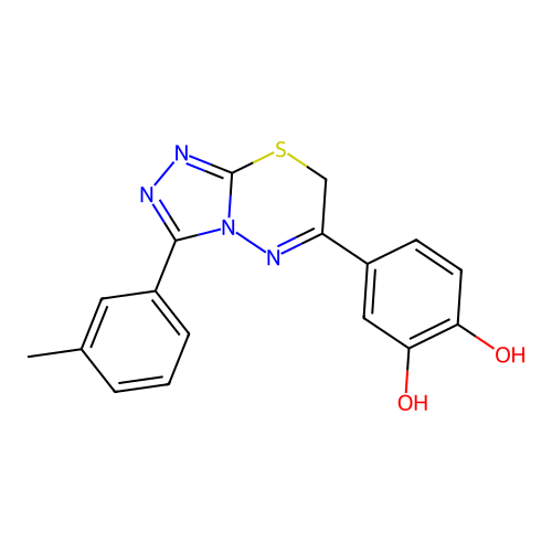4-[3-(3-methylphenyl)-7H-[1,2,4]triazolo[3,4-b][1,3,4]thiadiazin-6-yl]benzene-1,2-diol structure
