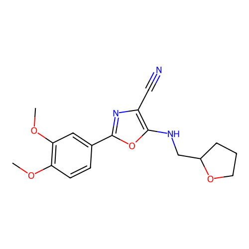 2-(3,4-dimethoxyphenyl)-5-(((tetrahydrofuran-2-yl)methyl)amino)oxazole-4-carbonitrile structure