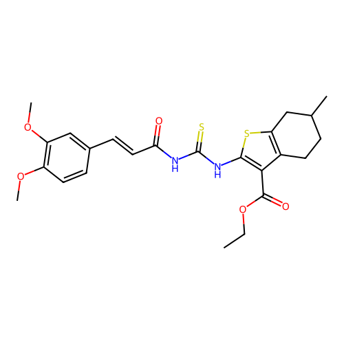 (E)-ethyl 2-(3-(3-(3,4-dimethoxyphenyl)acryloyl)thioureido)-6-methyl-4,5,6,7-tetrahydrobenzo[b]thiophene-3-carboxylate structure