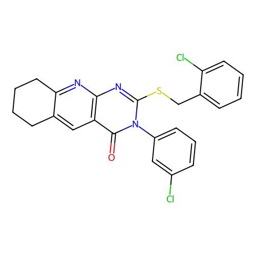 2-((2-chlorobenzyl)thio)-3-(3-chlorophenyl)-6,7,8,9-tetrahydropyrimido[4,5-b]quinolin-4(3H)-one structure