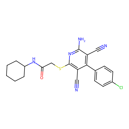 2-[6-amino-4-(4-chlorophenyl)-3,5-dicyanopyridin-2-yl]sulfanyl-N-cyclohexylacetamide structure