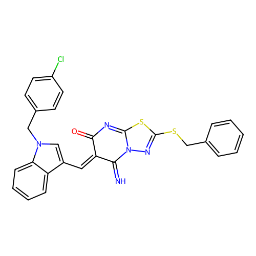 (6Z)-2-(benzylsulfanyl)-6-{[1-(4-chlorobenzyl)-1H-indol-3-yl]methylidene}-5-imino-5,6-dihydro-7H-[1,3,4]thiadiazolo[3,2-a]pyrimidin-7-one structure