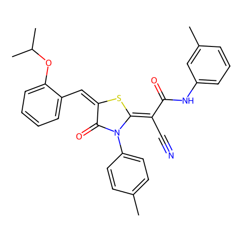 (2Z)-2-cyano-N-(3-methylphenyl)-2-[(5E)-3-(4-methylphenyl)-4-oxo-5-[(2-propan-2-yloxyphenyl)methylidene]-1,3-thiazolidin-2-ylidene]acetamide structure