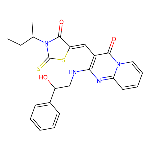 3-(sec-butyl)-5-((Z)-1-{2-[(2-hydroxy-2-phenylethyl)amino]-4-oxo-4H-pyrido[1,2-a]pyrimidin-3-yl}methylidene)-2-thioxo-1,3-thiazolan-4-one structure