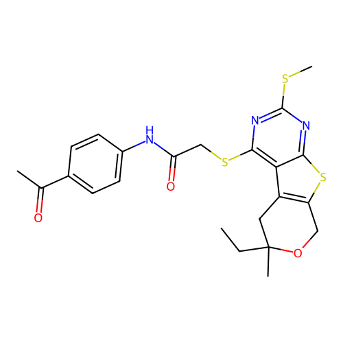N-(4-acetylphenyl)-2-{[6-ethyl-6-methyl-2-(methylsulfanyl)-5,8-dihydro-6H-pyrano[4',3':4,5]thieno[2,3-d]pyrimidin-4-yl]sulfanyl}acetamide structure