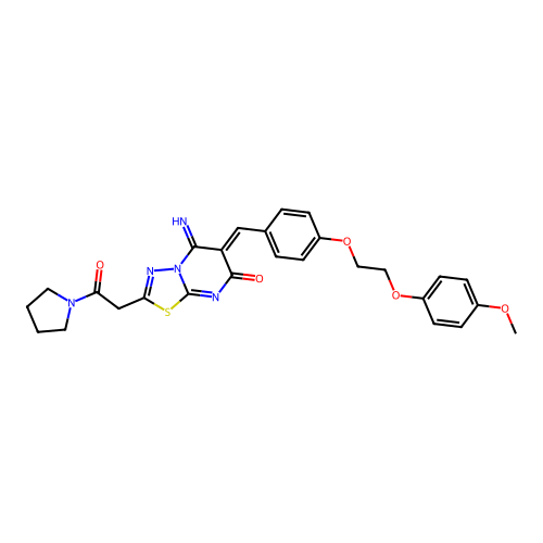(6Z)-5-imino-6-[[4-[2-(4-methoxyphenoxy)ethoxy]phenyl]methylidene]-2-(2-oxo-2-pyrrolidin-1-ylethyl)-[1,3,4]thiadiazolo[3,2-a]pyrimidin-7-one structure
