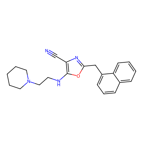 2-(naphthalen-1-ylmethyl)-5-{[2-(piperidin-1-yl)ethyl]amino}-1,3-oxazole-4-carbonitrile structure