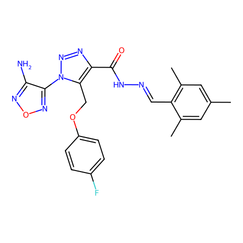 (E)-1-(4-amino-1,2,5-oxadiazol-3-yl)-5-((4-fluorophenoxy)methyl)-N'-(2,4,6-trimethylbenzylidene)-1H-1,2,3-triazole-4-carbohydrazide structure