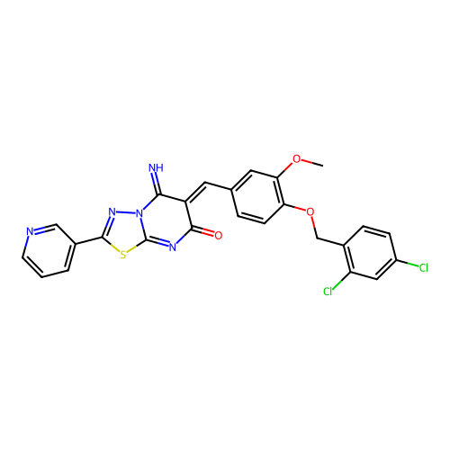 (Z)-6-(4-((2,4-dichlorobenzyl)oxy)-3-methoxybenzylidene)-5-imino-2-(pyridin-3-yl)-5H-[1,3,4]thiadiazolo[3,2-a]pyrimidin-7(6H)-one structure