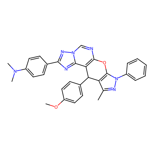 4-[11-(4-methoxyphenyl)-10-methyl-8-phenyl-8,11-dihydropyrazolo[4',3':5,6]pyrano[3,2-e][1,2,4]triazolo[1,5-c]pyrimidin-2-yl]-N,N-dimethylaniline structure