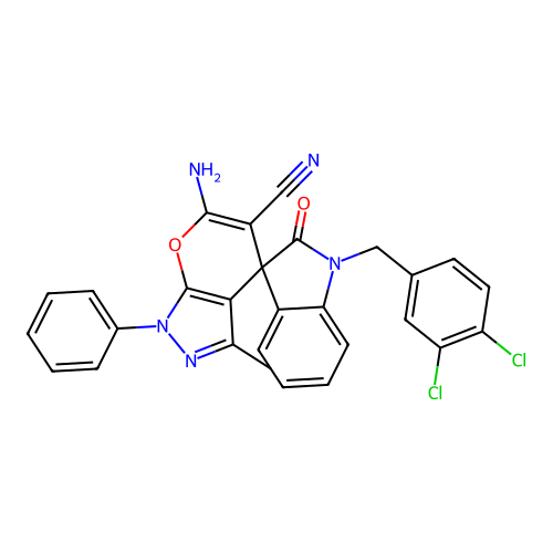 6'-amino-1-(3,4-dichlorobenzyl)-3'-methyl-2-oxo-1'-phenyl-1'H-spiro[indoline-3,4'-pyrano[2,3-c]pyrazole]-5'-carbonitrile structure