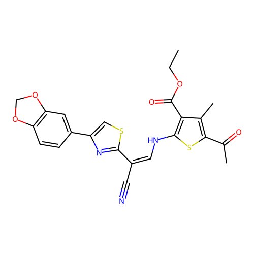 (Z)-ethyl 5-acetyl-2-((2-(4-(benzo[d][1,3]dioxol-5-yl)thiazol-2-yl)-2-cyanovinyl)amino)-4-methylthiophene-3-carboxylate structure
