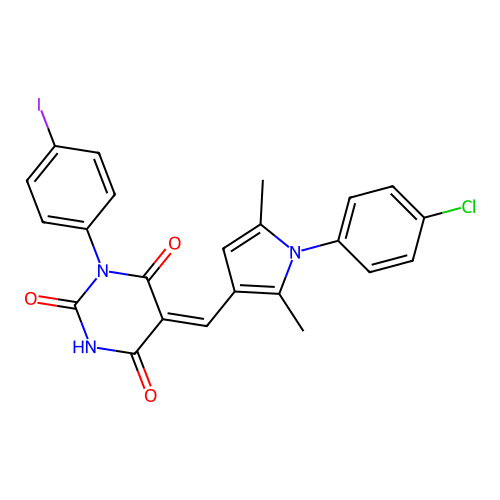 (5Z)-5-[[1-(4-chlorophenyl)-2,5-dimethylpyrrol-3-yl]methylidene]-1-(4-iodophenyl)-1,3-diazinane-2,4,6-trione structure
