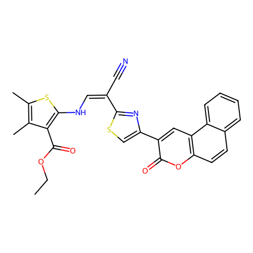 (Z)-ethyl 2-((2-cyano-2-(4-(3-oxo-3H-benzo[f]chromen-2-yl)thiazol-2-yl)vinyl)amino)-4,5-dimethylthiophene-3-carboxylate structure