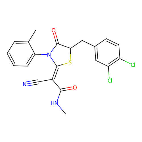 (2Z)-2-cyano-2-[5-(3,4-dichlorobenzyl)-3-(2-methylphenyl)-4-oxo-1,3-thiazolidin-2-ylidene]-N-methylethanamide structure