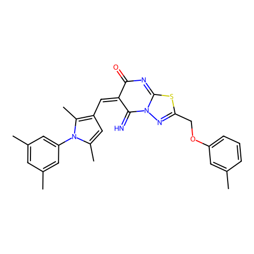 (6E)-6-[[1-(3,5-dimethylphenyl)-2,5-dimethylpyrrol-3-yl]methylidene]-5-imino-2-[(3-methylphenoxy)methyl]-[1,3,4]thiadiazolo[3,2-a]pyrimidin-7-one structure