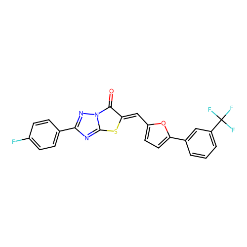 (5Z)-2-(4-fluorophenyl)-5-({5-[3-(trifluoromethyl)phenyl]furan-2-yl}methylidene)[1,3]thiazolo[3,2-b][1,2,4]triazol-6(5H)-one structure