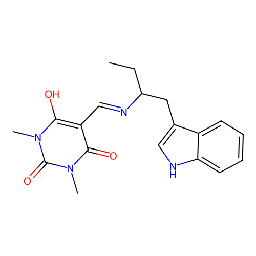5-[[1-(1H-indol-3-yl)butan-2-ylamino]methylidene]-1,3-dimethyl-1,3-diazinane-2,4,6-trione structure