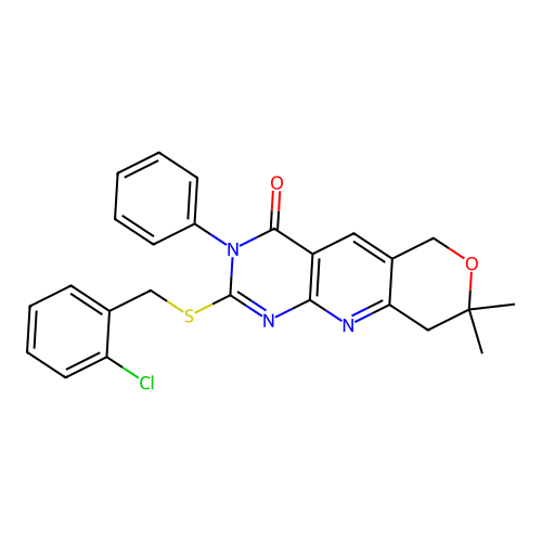 2-((2-chlorobenzyl)thio)-8,8-dimethyl-3-phenyl-8,9-dihydro-3H-pyrano[3',4':5,6]pyrido[2,3-d]pyrimidin-4(6H)-one structure
