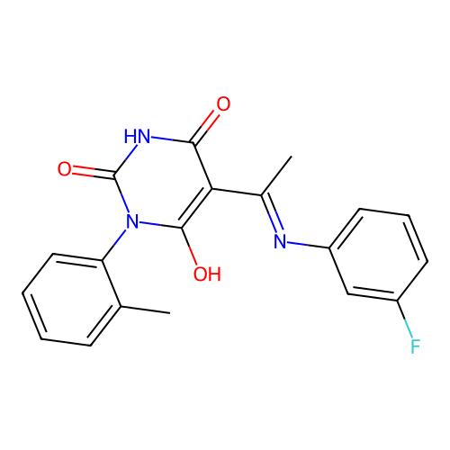 (5E)-5-[1-(3-fluoroanilino)ethylidene]-1-(2-methylphenyl)-1,3-diazinane-2,4,6-trione structure