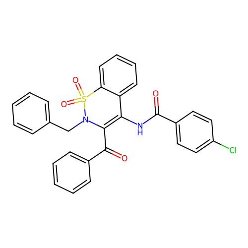 N-(3-benzoyl-2-benzyl-1,1-dioxido-2H-1,2-benzothiazin-4-yl)-4-chlorobenzamide structure
