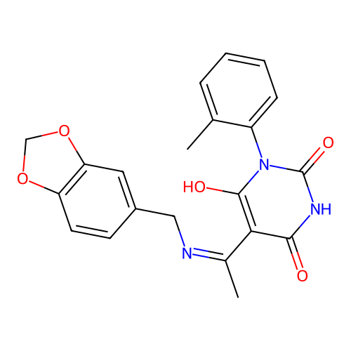 (5E)-5-{1-[(1,3-benzodioxol-5-ylmethyl)amino]ethylidene}-6-hydroxy-3-(2-methylphenyl)pyrimidine-2,4(3H,5H)-dione structure