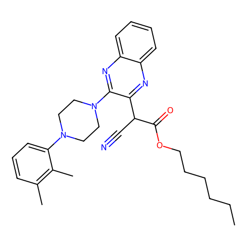Hexyl cyano{3-[4-(2,3-dimethylphenyl)piperazin-1-yl]quinoxalin-2-yl}acetate structure