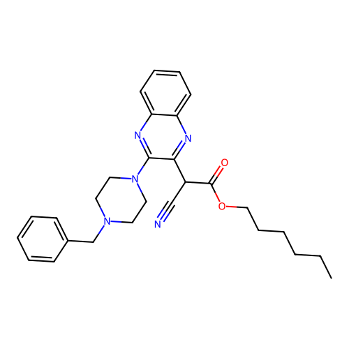Hexyl [3-(4-benzylpiperazin-1-yl)quinoxalin-2-yl](cyano)acetate structure