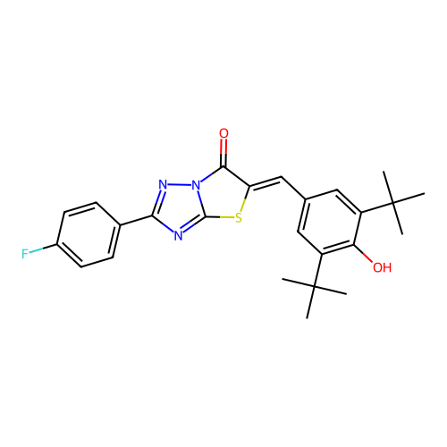(5Z)-5-(3,5-di-tert-butyl-4-hydroxybenzylidene)-2-(4-fluorophenyl)[1,3]thiazolo[3,2-b][1,2,4]triazol-6(5H)-one structure