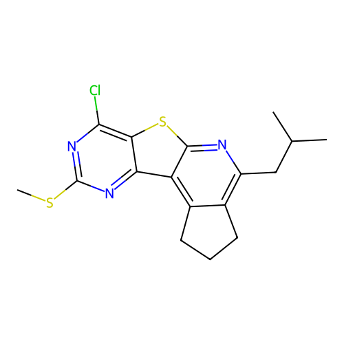 7-chloro-4-(2-methylpropyl)-9-(methylsulfanyl)-2,3-dihydro-1H-cyclopenta[4',5']pyrido[3',2':4,5]thieno[3,2-d]pyrimidine structure
