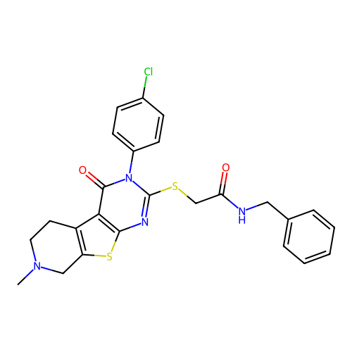 N-benzyl-2-((3-(4-chlorophenyl)-7-methyl-4-oxo-3,4,5,6,7,8-hexahydropyrido[4',3':4,5]thieno[2,3-d]pyrimidin-2-yl)thio)acetamide structure