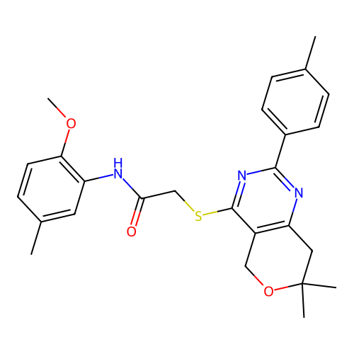 2-((7,7-dimethyl-2-(p-tolyl)-7,8-dihydro-5H-pyrano[4,3-d]pyrimidin-4-yl)thio)-N-(2-methoxy-5-methylphenyl)acetamide structure
